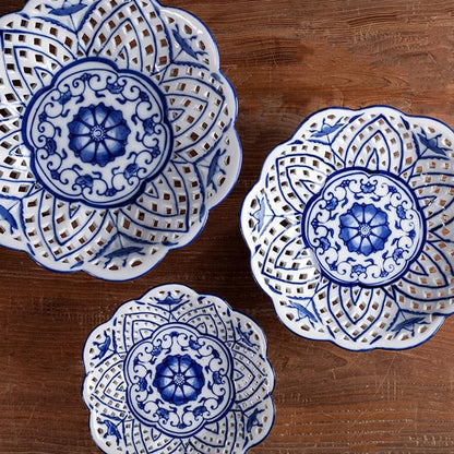 Blue and White Chinoiserie Footed Serving Bowl