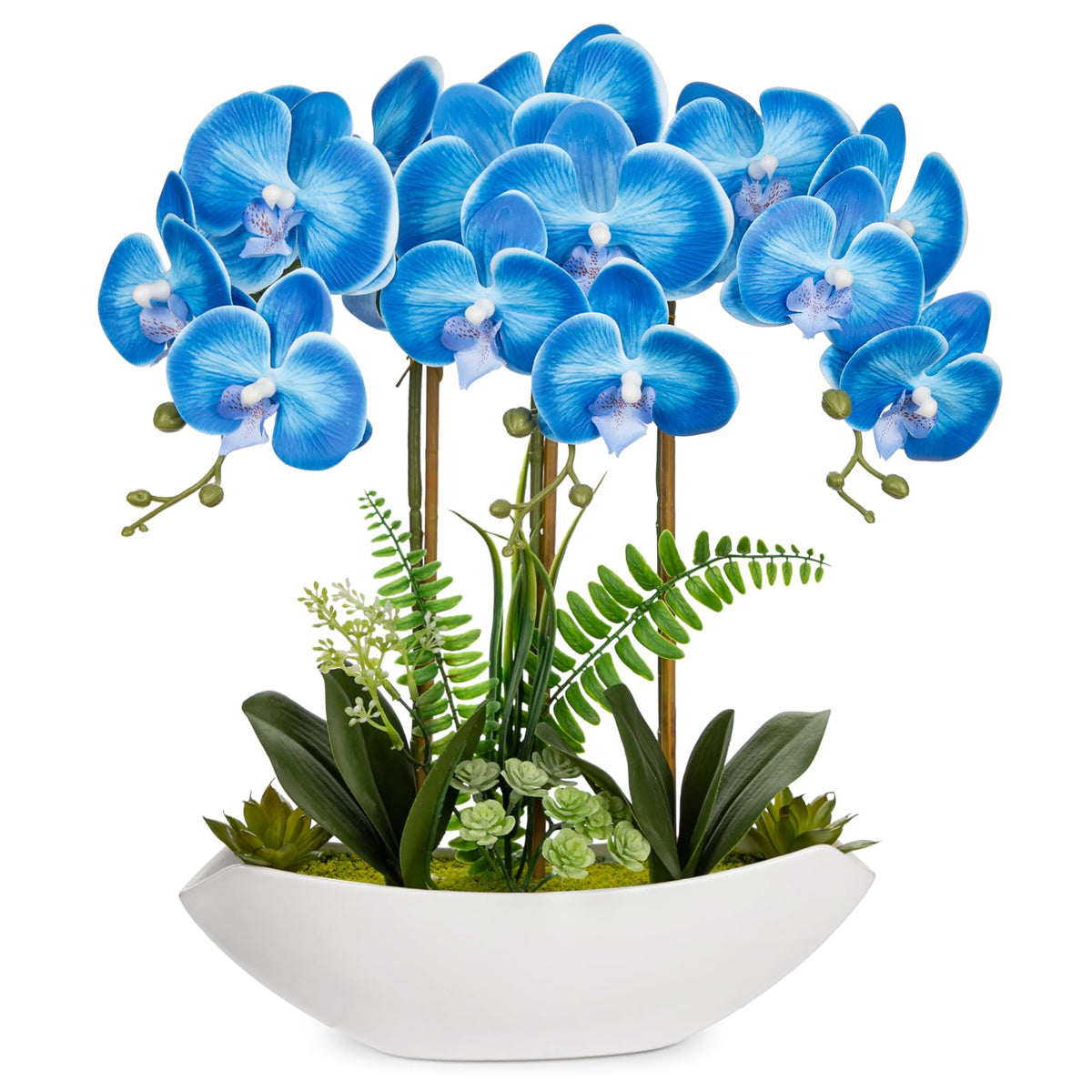 Briful Faux Orchid in Blue and White Boat Vase
