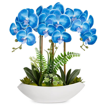 Briful Faux Orchid in Blue and White Boat Vase