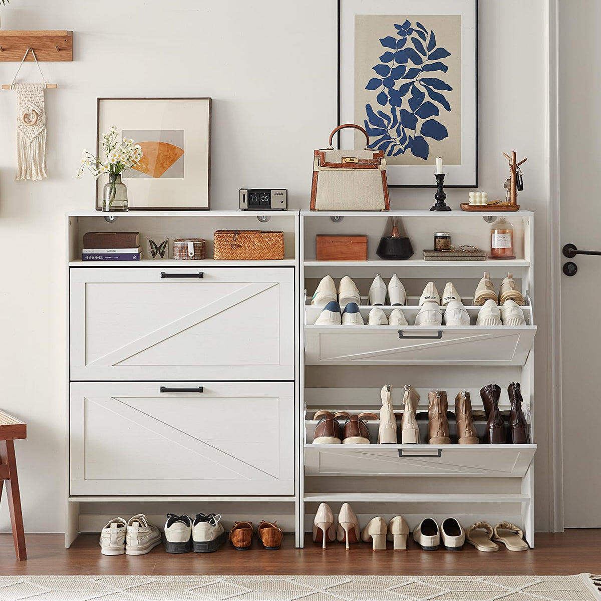 Blue Narrow Shoe Cabinet with 2 Flip Drawers