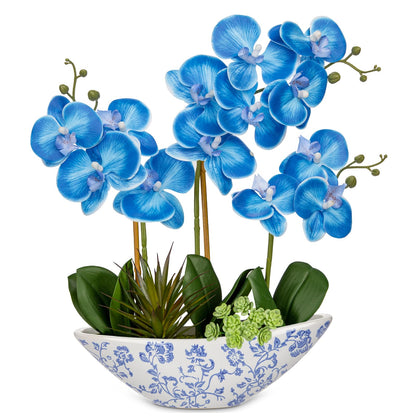 Briful Faux Orchid in Blue and White Boat Vase