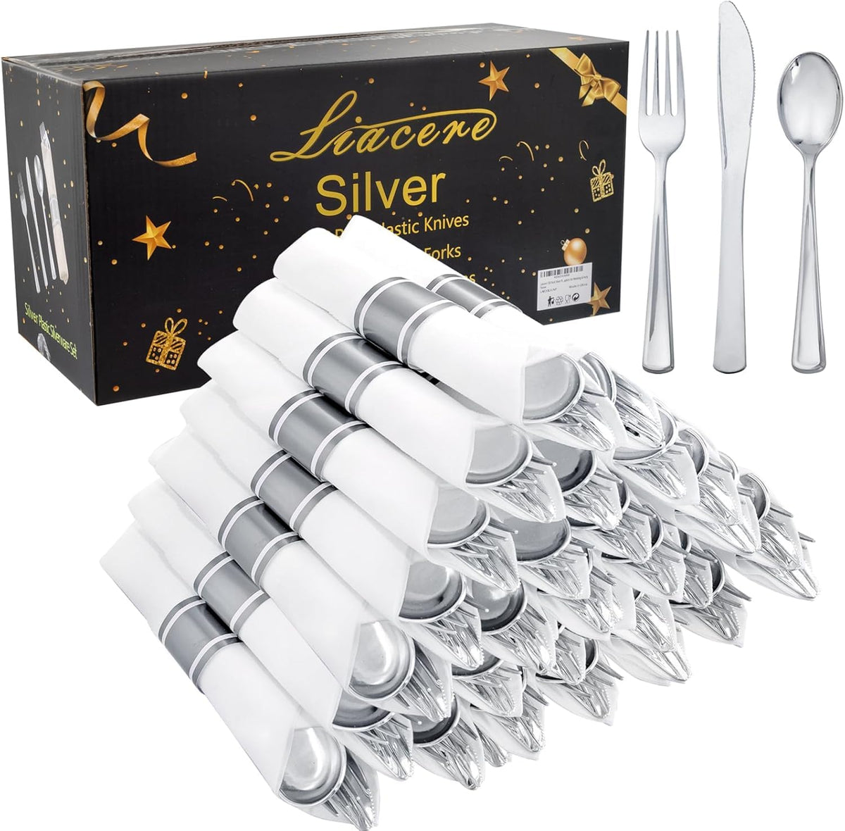 Pre-Rolled Blue Plastic Cutlery with Napkins, 100 Pack