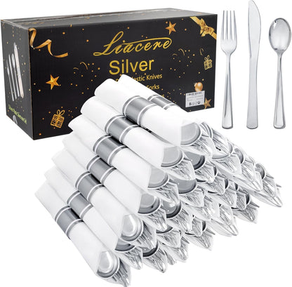 Pre-Rolled Blue Plastic Cutlery with Napkins, 100 Pack