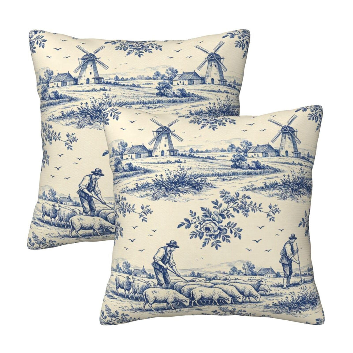 Blue and White Chinoiserie Floral Pillow Covers, Set of 2