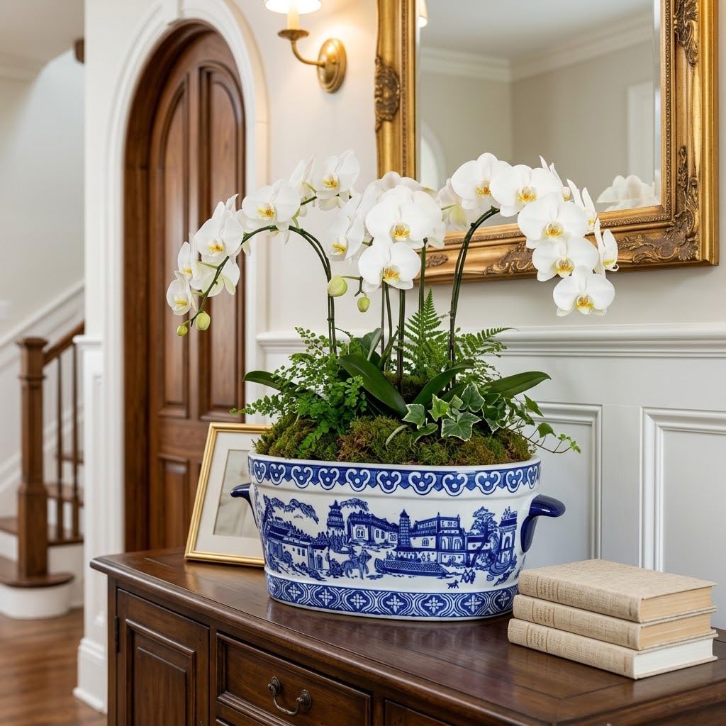Blue Floral Oval Ceramic Cachepot, 10.6 in