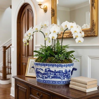 Blue Floral Oval Ceramic Cachepot, 10.6 in