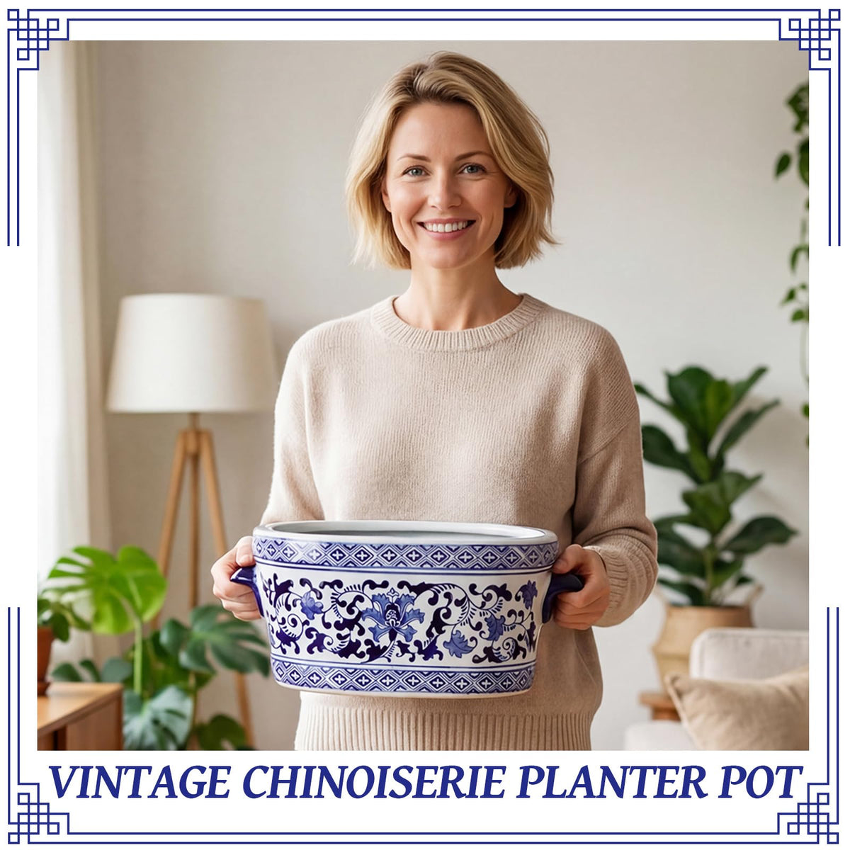 Blue and White Chinoiserie Oval Planter