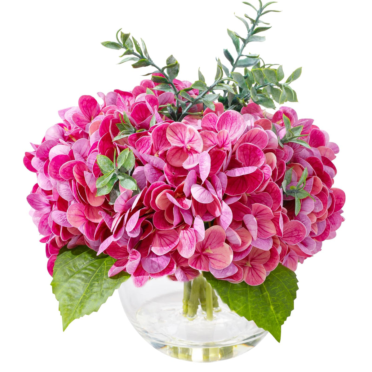 Blue Faux Hydrangea Arrangement in Glass Vase