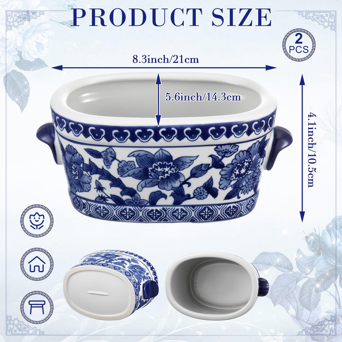 Blue and White Oval Chinoiserie Planters, Set of 2