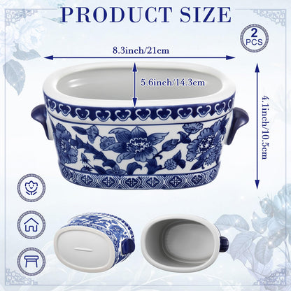 Blue and White Oval Chinoiserie Planters, Set of 2