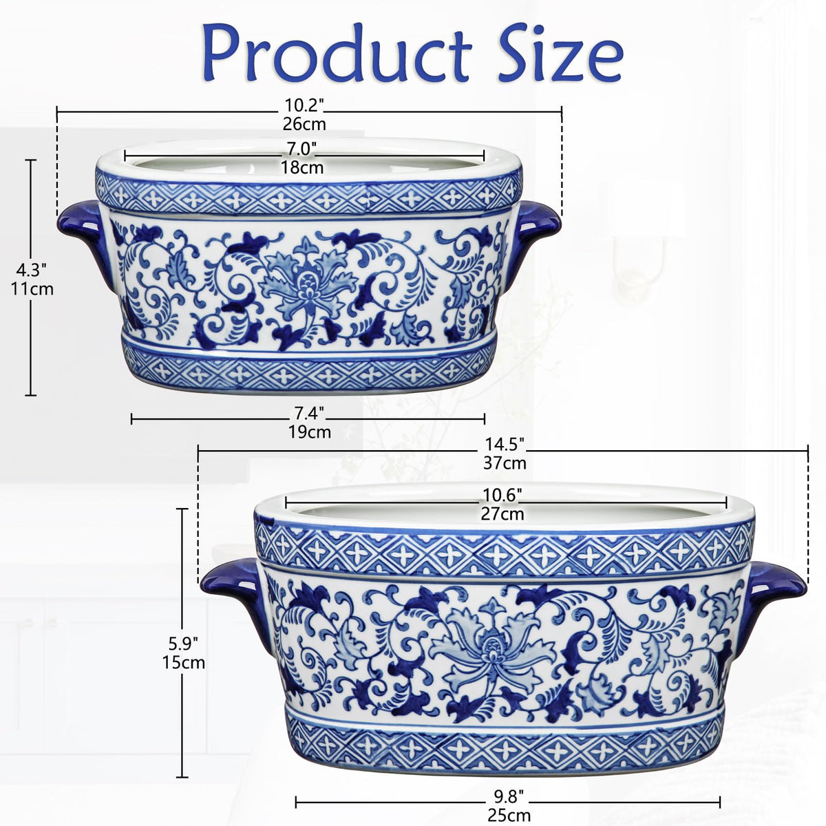 Blue Floral Oval Ceramic Cachepot, 10.6 in