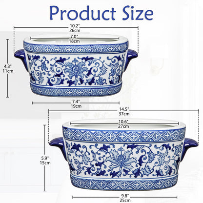 Blue Floral Oval Ceramic Cachepot, 10.6 in