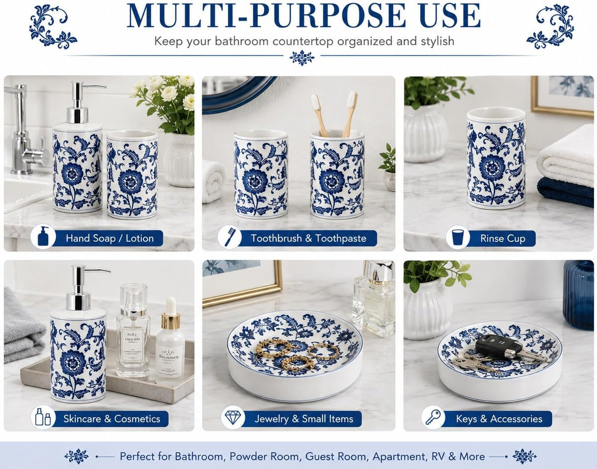 Blue and White Chinoiserie Bathroom Set, 4 Pieces