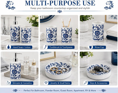 Blue and White Chinoiserie Bathroom Set, 4 Pieces