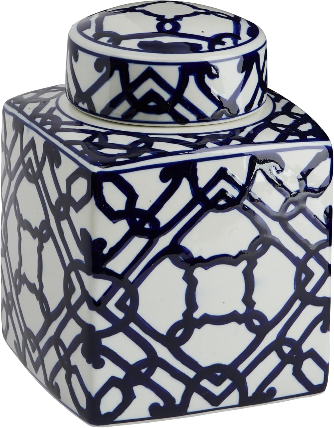 Square Ceramic Ginger Jar with Lid, Blue and White