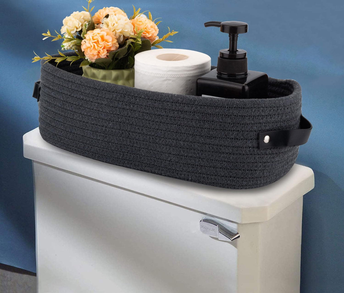 Woven Cotton Rope Toilet Tank Basket, Navy and White