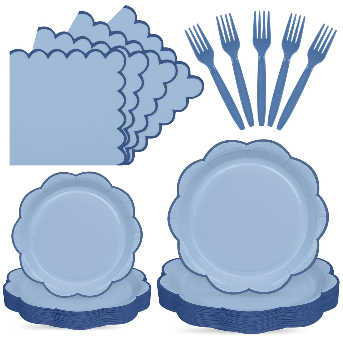 Blue Scalloped Paper Plates and Napkins, Serves 24
