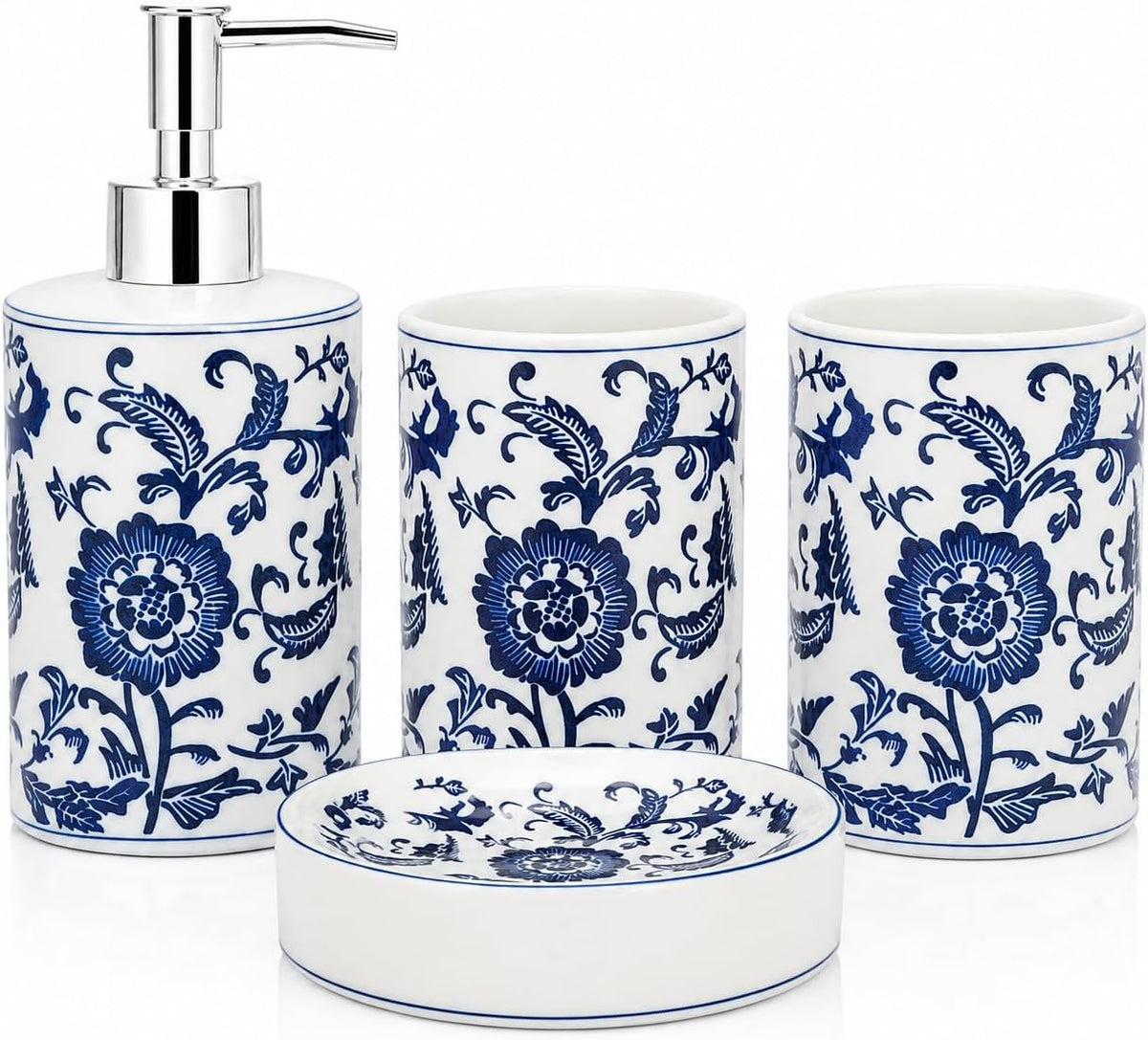 Blue and White Chinoiserie Bathroom Set, 4 Pieces