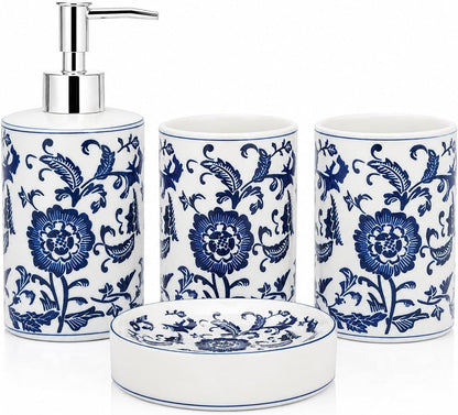 Blue and White Chinoiserie Bathroom Set, 4 Pieces