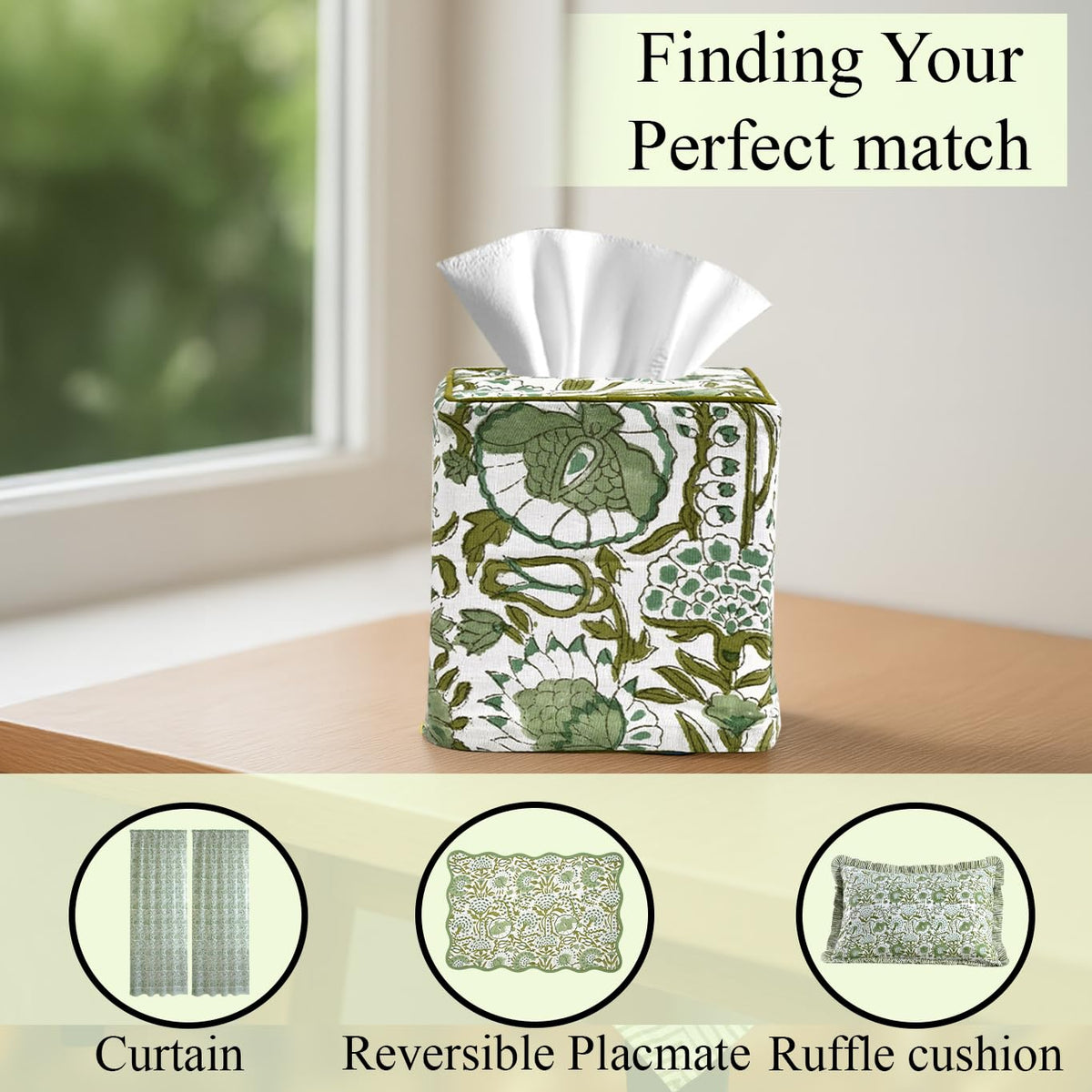 Block Print Cotton Tissue Box Cover, Apatite Blue
