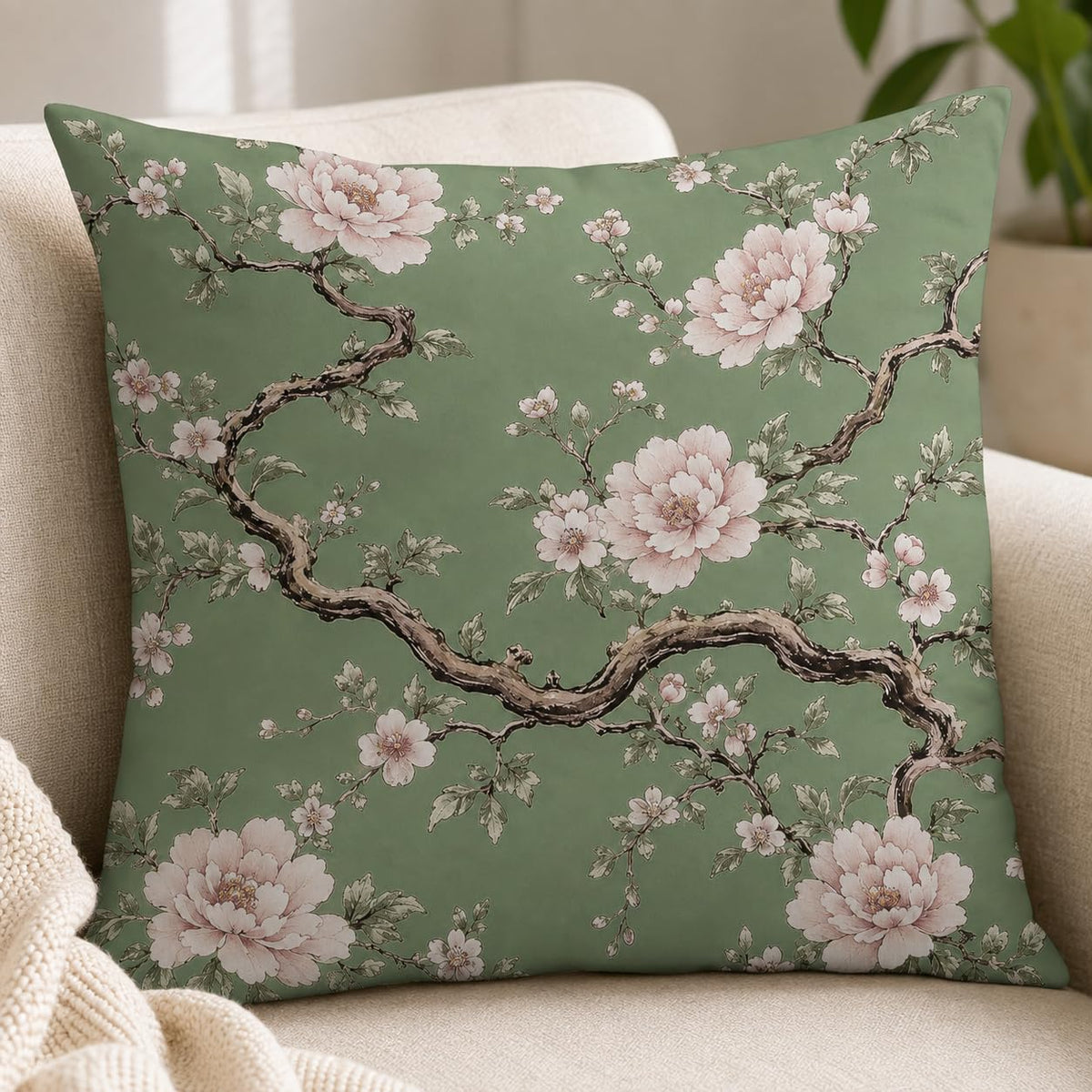 Blue Chinoiserie Bird and Peony Pillow Cover, 18x18
