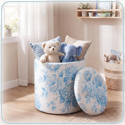 Blue Damask Tufted Round Ottoman, 16 Inch