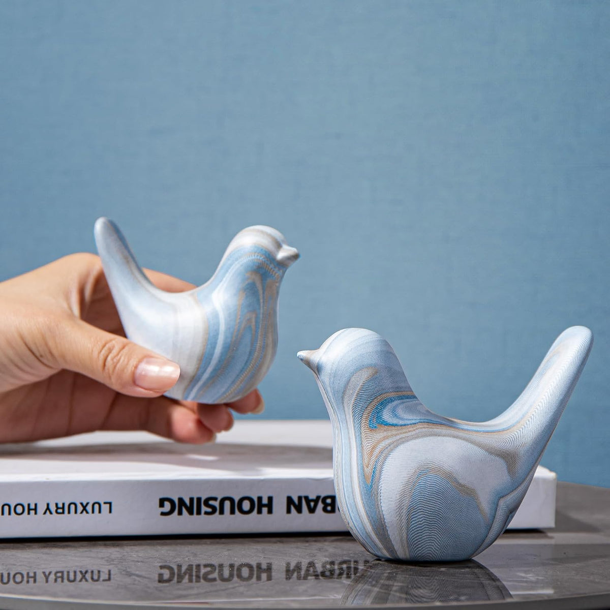 Blue and White Ceramic Bird Figurines, Set of 2