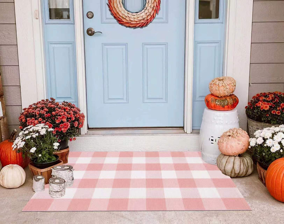 Light Blue Buffalo Plaid Cotton Door Mat, 24x35