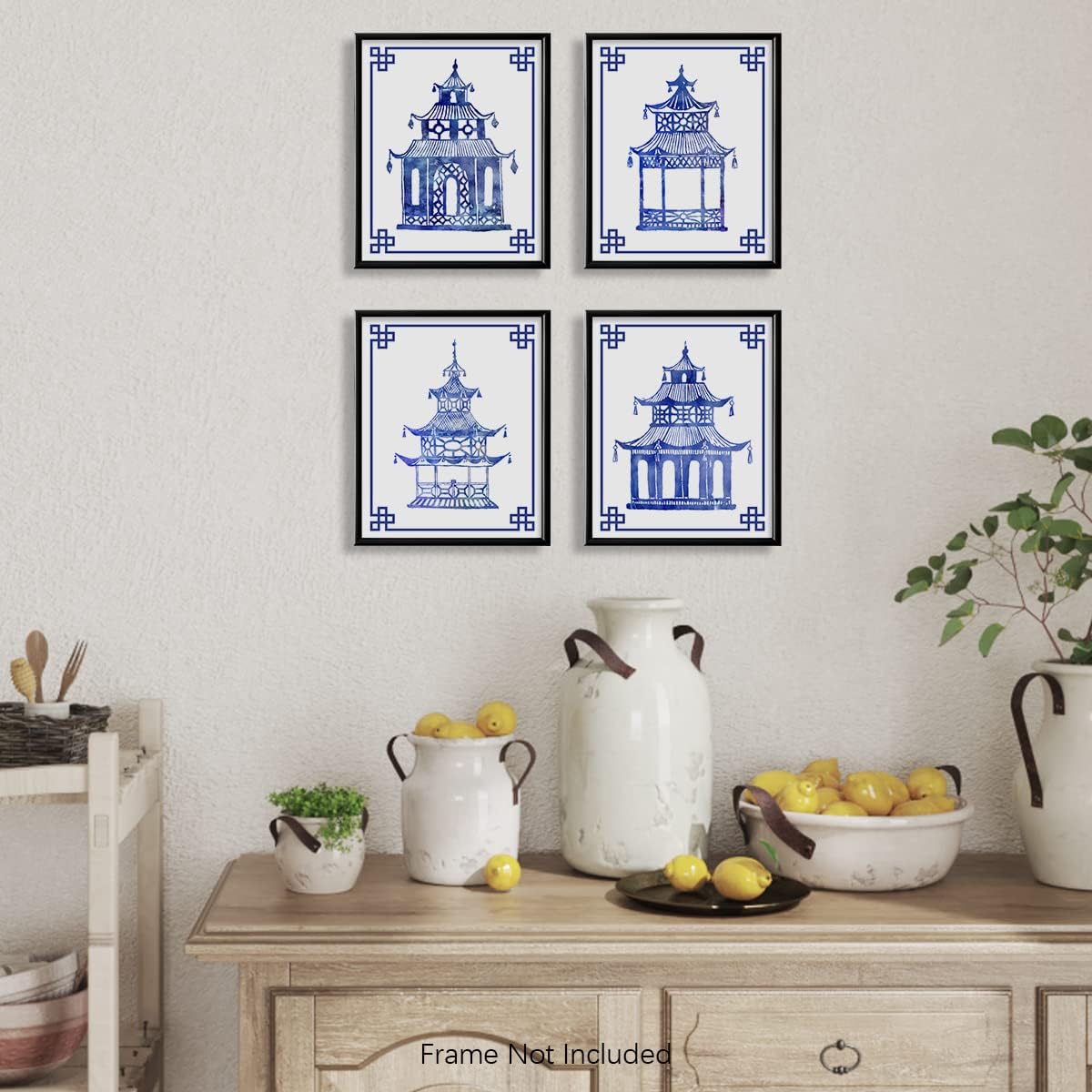 Blue and White Chinoiserie Pavilion Prints, Set of 4
