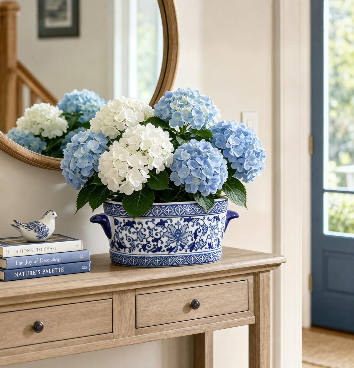 Blue Floral Oval Ceramic Cachepot, 10.6 in