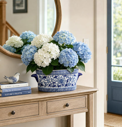 Blue Floral Oval Ceramic Cachepot, 10.6 in