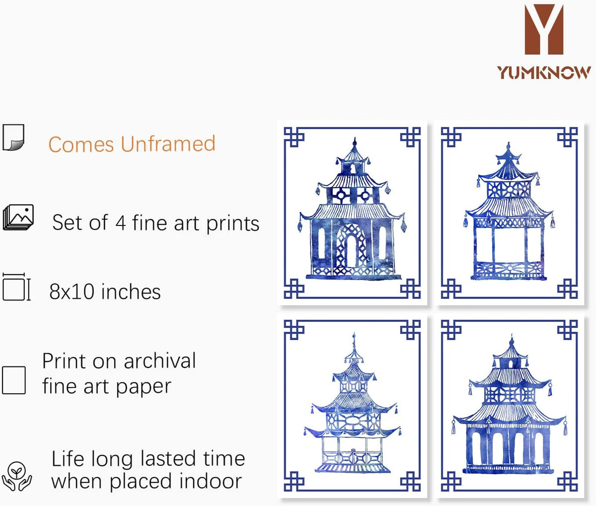 Blue and White Chinoiserie Pavilion Prints, Set of 4