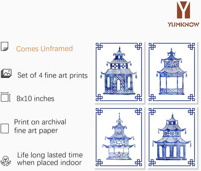 Blue and White Chinoiserie Pavilion Prints, Set of 4