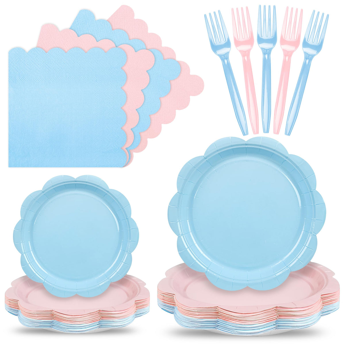 Blue Scalloped Paper Plates and Napkins, Serves 24