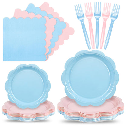 Blue Scalloped Paper Plates and Napkins, Serves 24