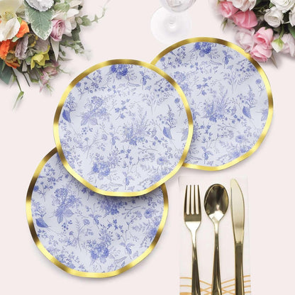 Blue and White Chinoiserie Dessert Plates with Gold Rim, 25 Pack