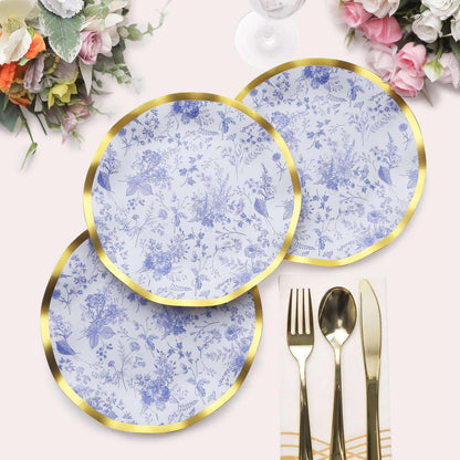 Blue and White Chinoiserie Dessert Plates with Gold Rim, 25 Pack