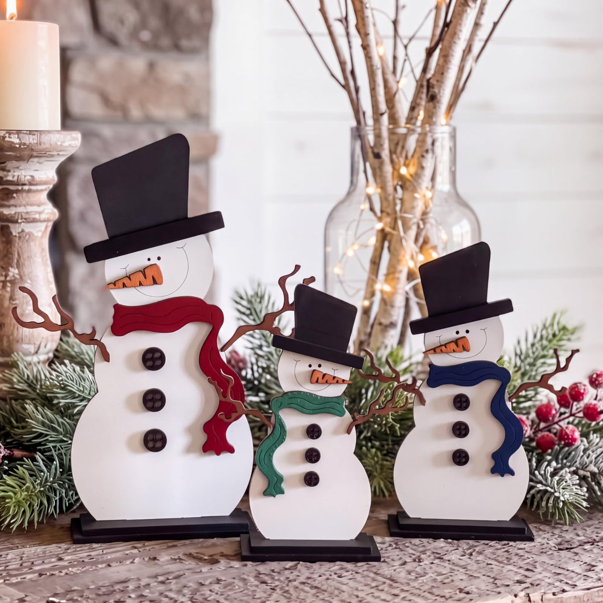 Chinoiserie Wooden Snowmen, Set of 3