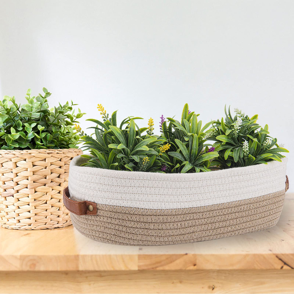 Woven Cotton Rope Toilet Tank Basket, Navy and White