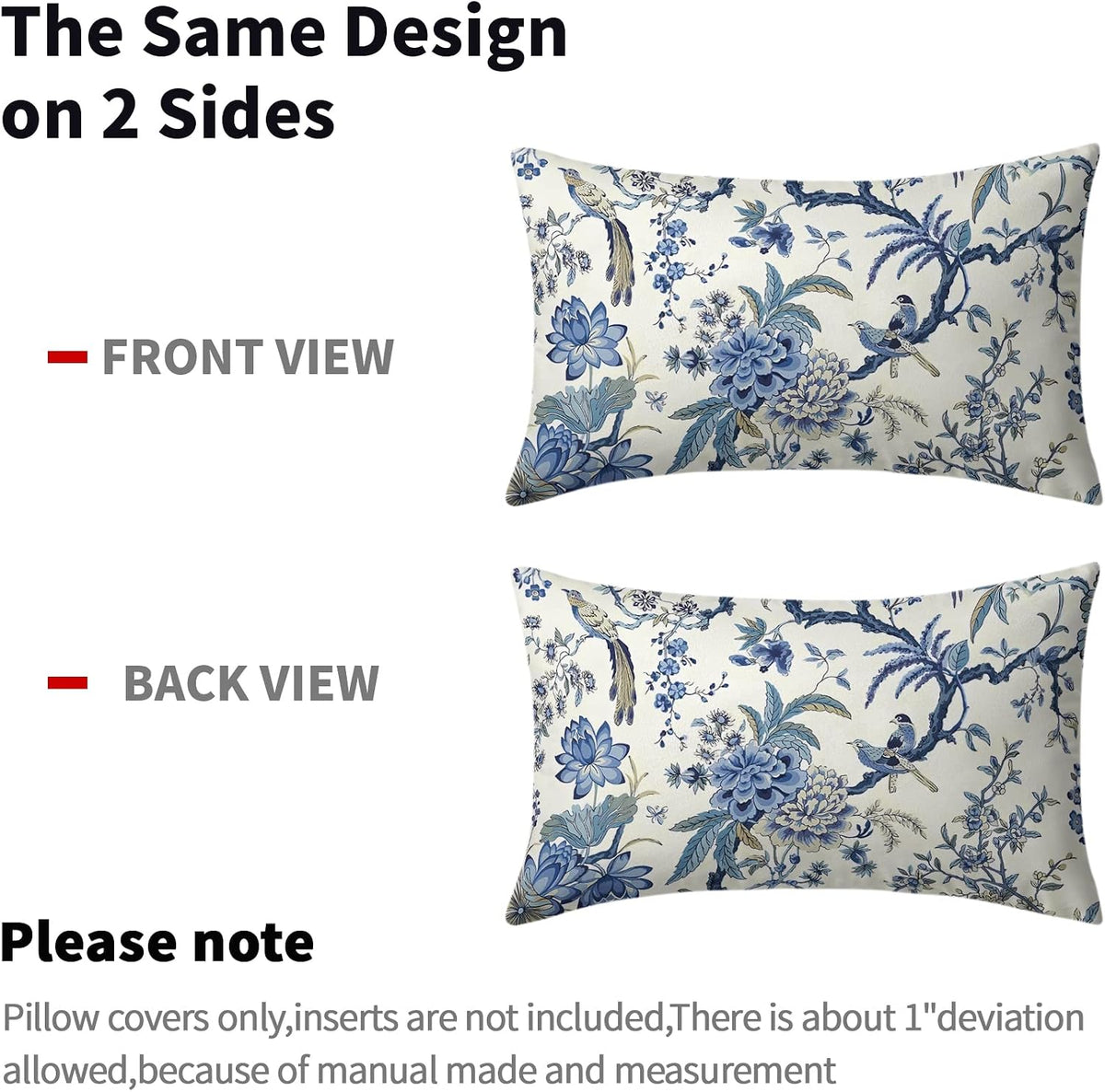 Blue and White Chinoiserie Lumbar Pillow Covers, 12x20, Set of 2