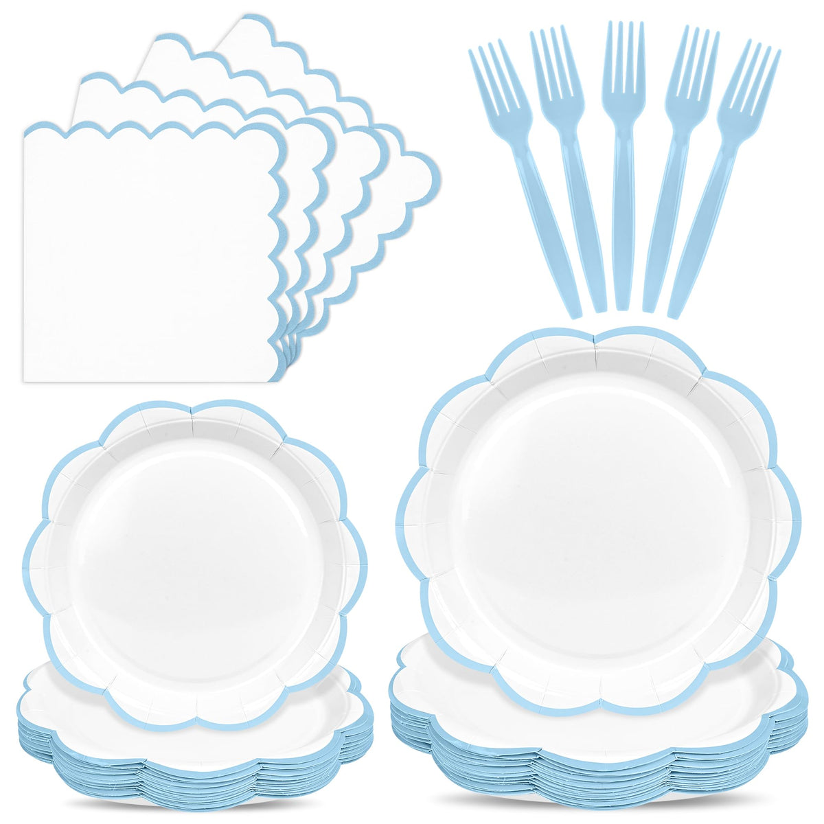 Blue Scalloped Paper Plates and Napkins, Serves 24