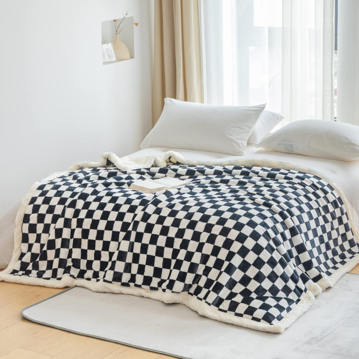 Navy Checkered Sherpa Throw Blanket