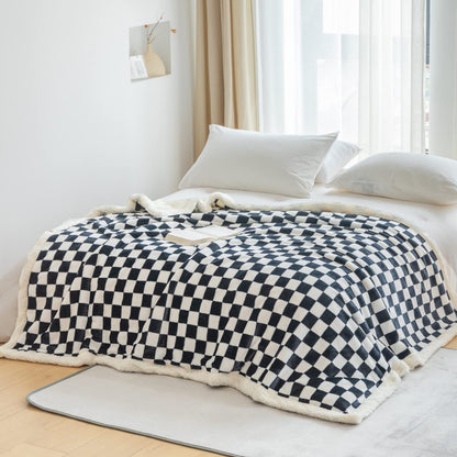 Navy Checkered Sherpa Throw Blanket