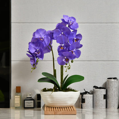 Faux Orchid in Navy Ribbed Ceramic Pot