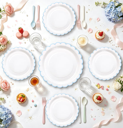 White Scalloped Paper Plates, Royal Blue Trim, 50 Pack