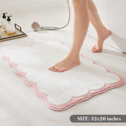 White Scalloped Bath Mat with Blue Piping