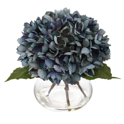 Blue Faux Hydrangea Arrangement in Glass Vase