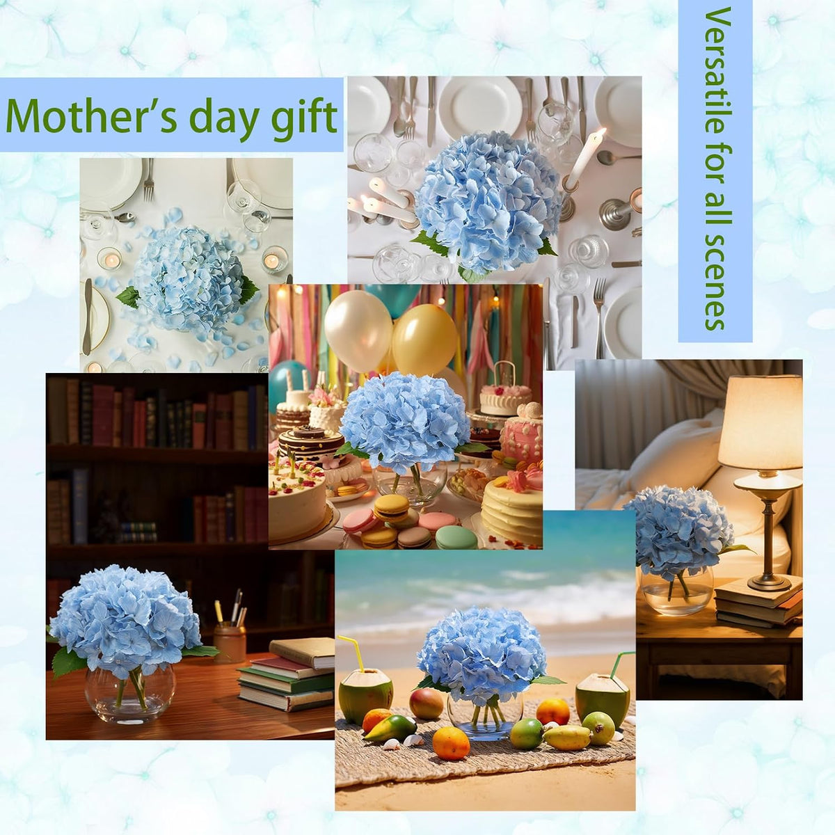 Blue Faux Hydrangea Arrangement in Glass Vase