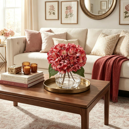 Blue Faux Hydrangea Arrangement in Glass Vase