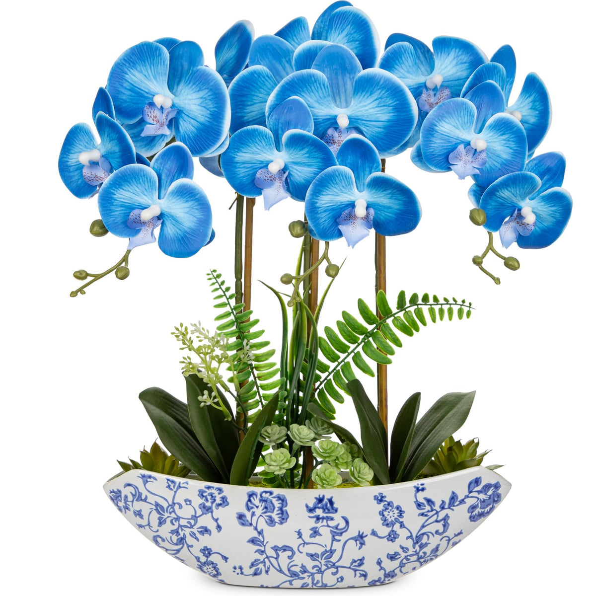 Briful Faux Orchid in Blue and White Boat Vase